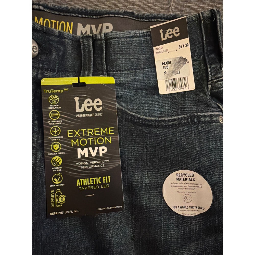 Lee Extreme Motion MVP Mens Athletic Fit Tapered Leg Jeans Dark Wash 34x30 NEW - Picture 6 of 11
